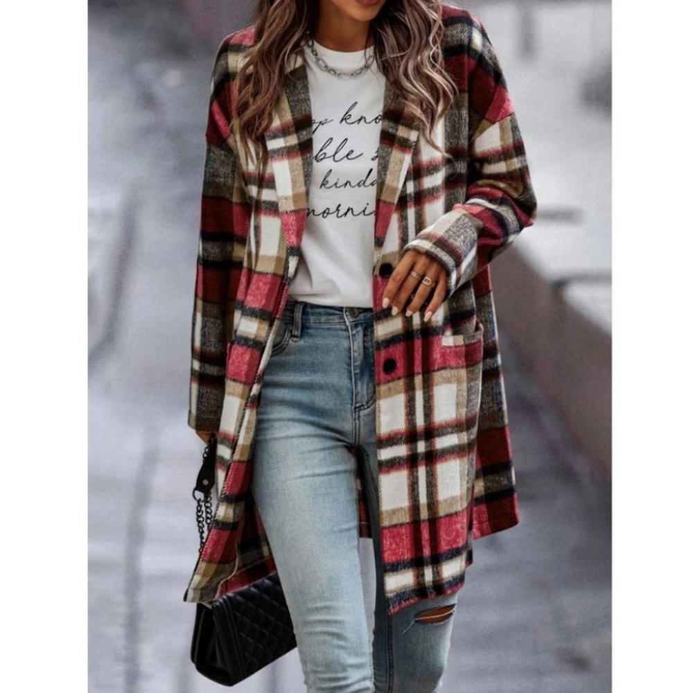 Double Pocket Lapel Neck Plaid print Casual Overcoat Jacket red - Picture 6 of 6